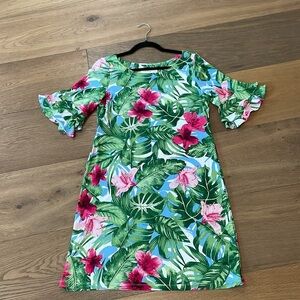 Pappagallo Womens Tropical Floral Shift Dress S Green Pink Ruffle Sleeve Vacay
